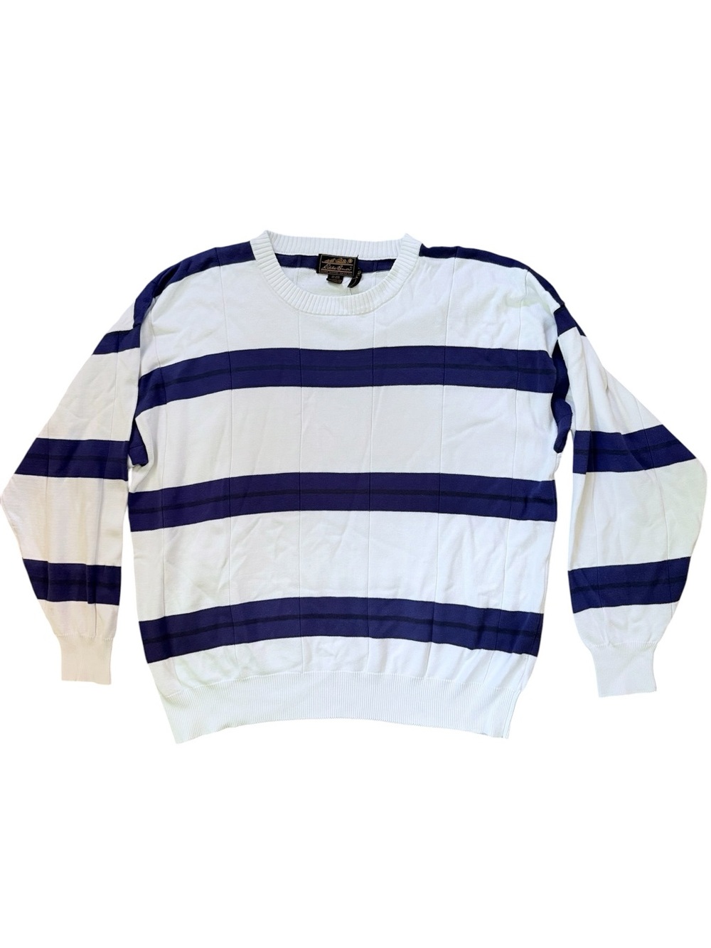Vintage Eddie Bauer Mens Crewneck Pullover Sweater XL White & Navy Blue Striped